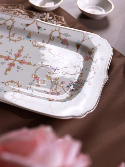 White Pattern 8 Pcs Coffee & Platter Set (4 Mugs, 1 Square Platter, 1 Snack Platter, 2 Dip Bowls)