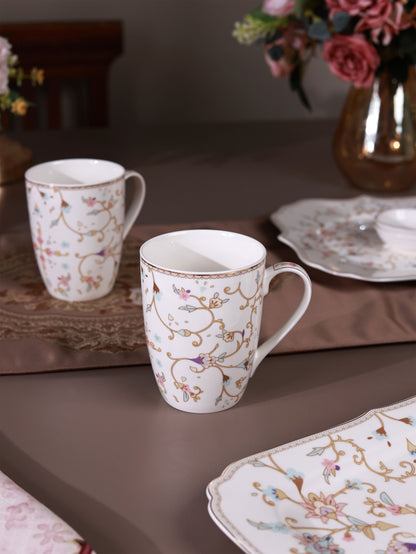 White Pattern 8 Pcs Coffee & Platter Set (4 Mugs, 1 Square Platter, 1 Snack Platter, 2 Dip Bowls)