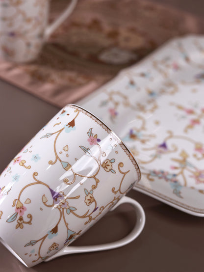 White Pattern 8 Pcs Coffee & Platter Set (4 Mugs, 1 Square Platter, 1 Snack Platter, 2 Dip Bowls)