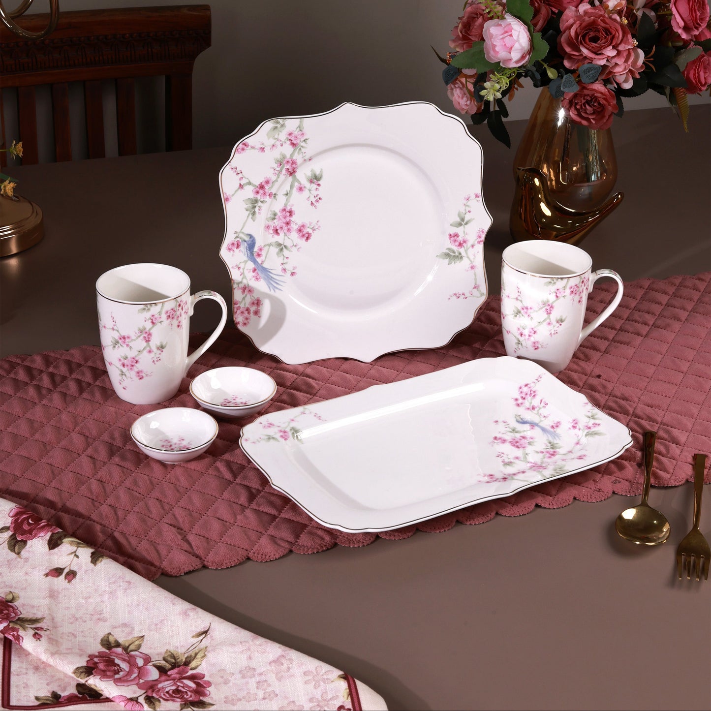 Orchid Bliss 8 Pcs Coffee & Platter Set (4 Mugs, 1 Square Platter, 1 Snack Platter, 2 Dip Bowls)