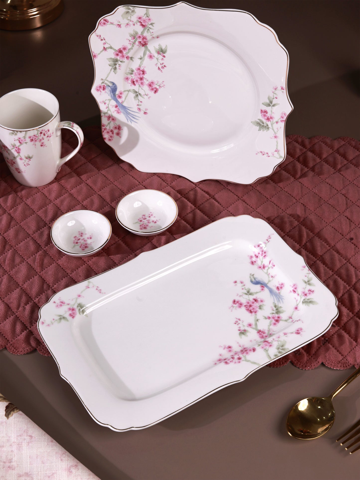 Orchid Bliss 8 Pcs Coffee & Platter Set (4 Mugs, 1 Square Platter, 1 Snack Platter, 2 Dip Bowls)