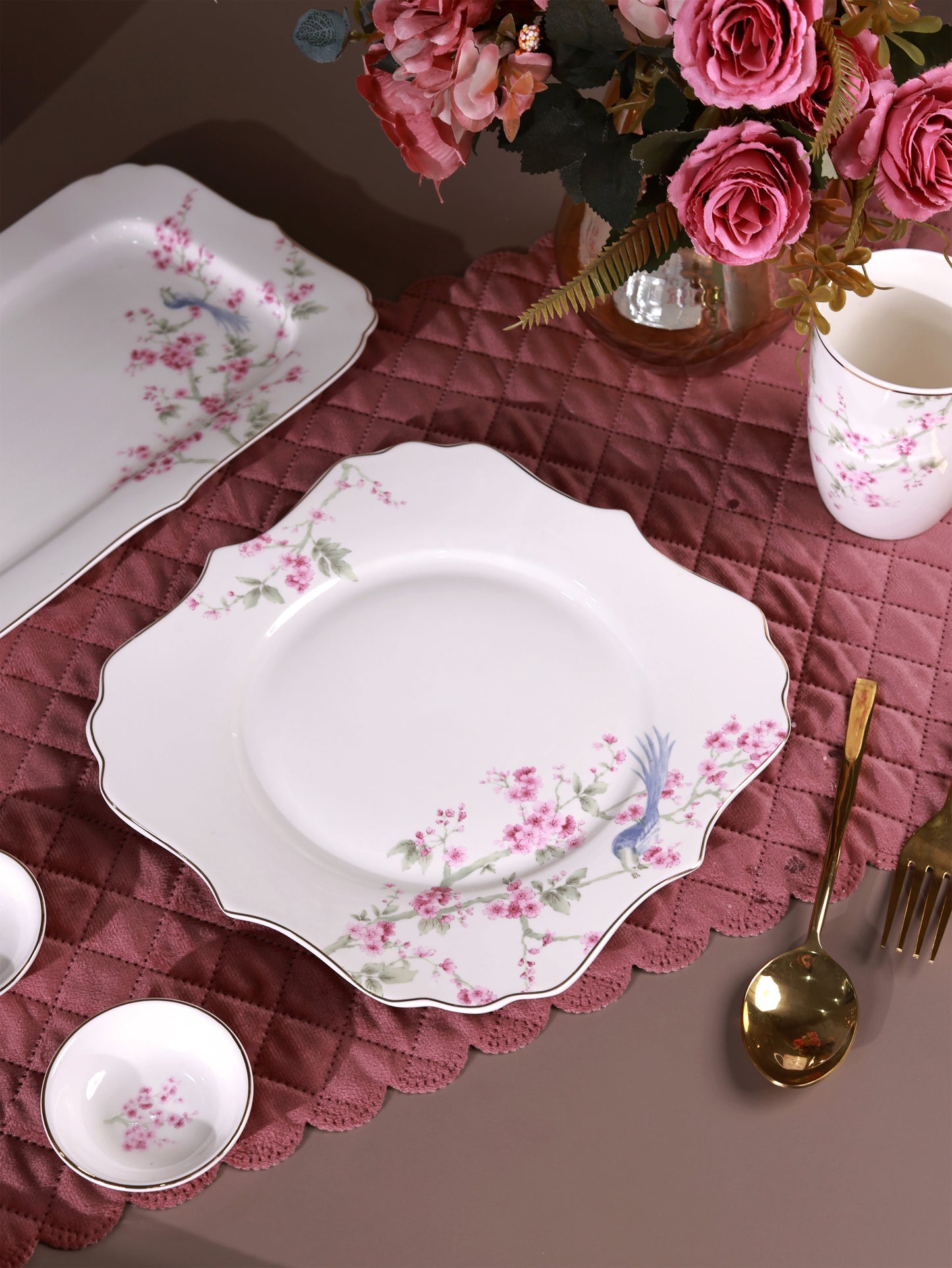 Orchid Bliss 8 Pcs Coffee & Platter Set (4 Mugs, 1 Square Platter, 1 Snack Platter, 2 Dip Bowls)