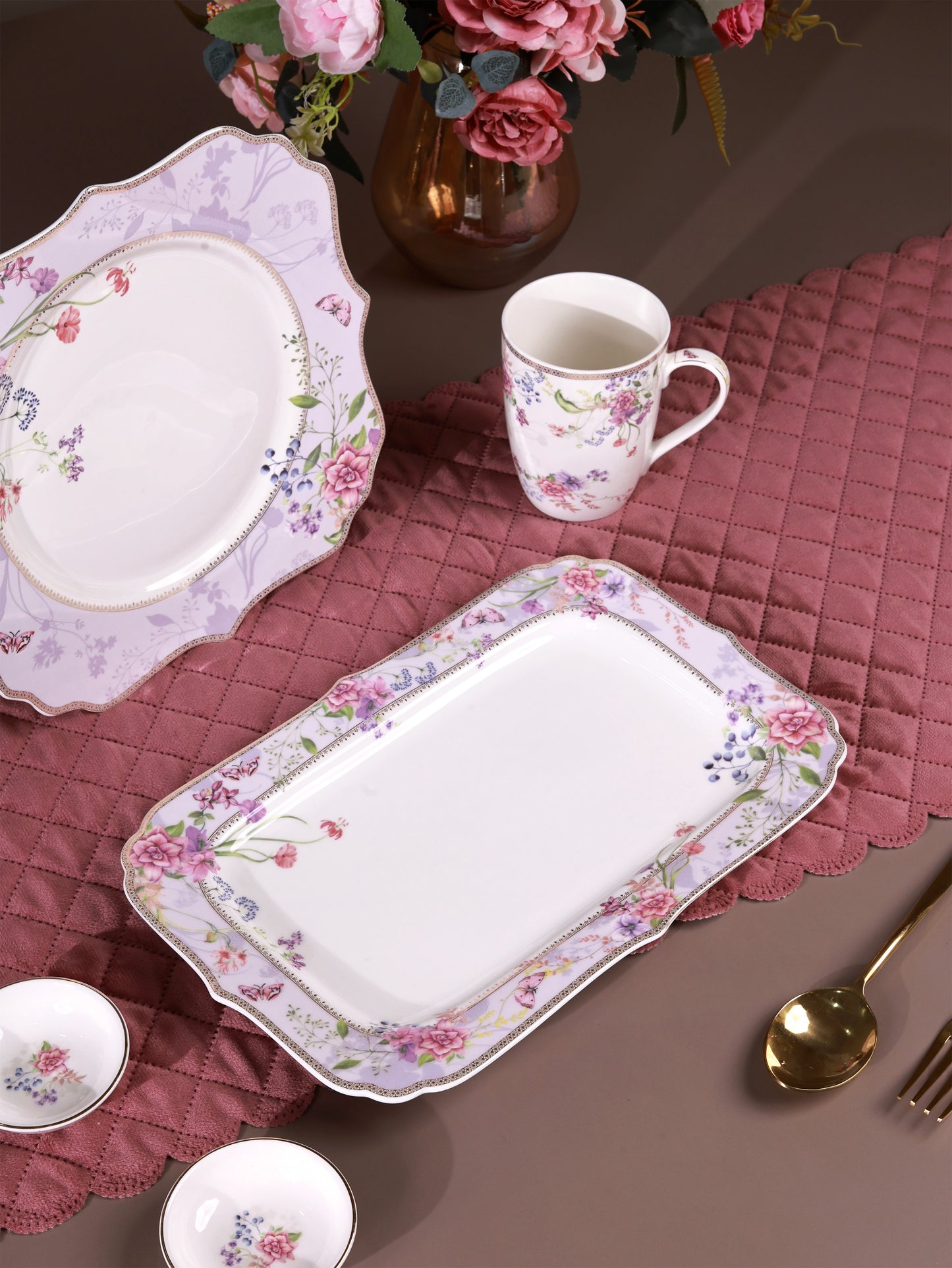 Lilac Garden 8 Pcs Coffee & Platter Set (4 Mugs, 1 Square Platter, 1 Snack Platter, 2 Dip Bowls)