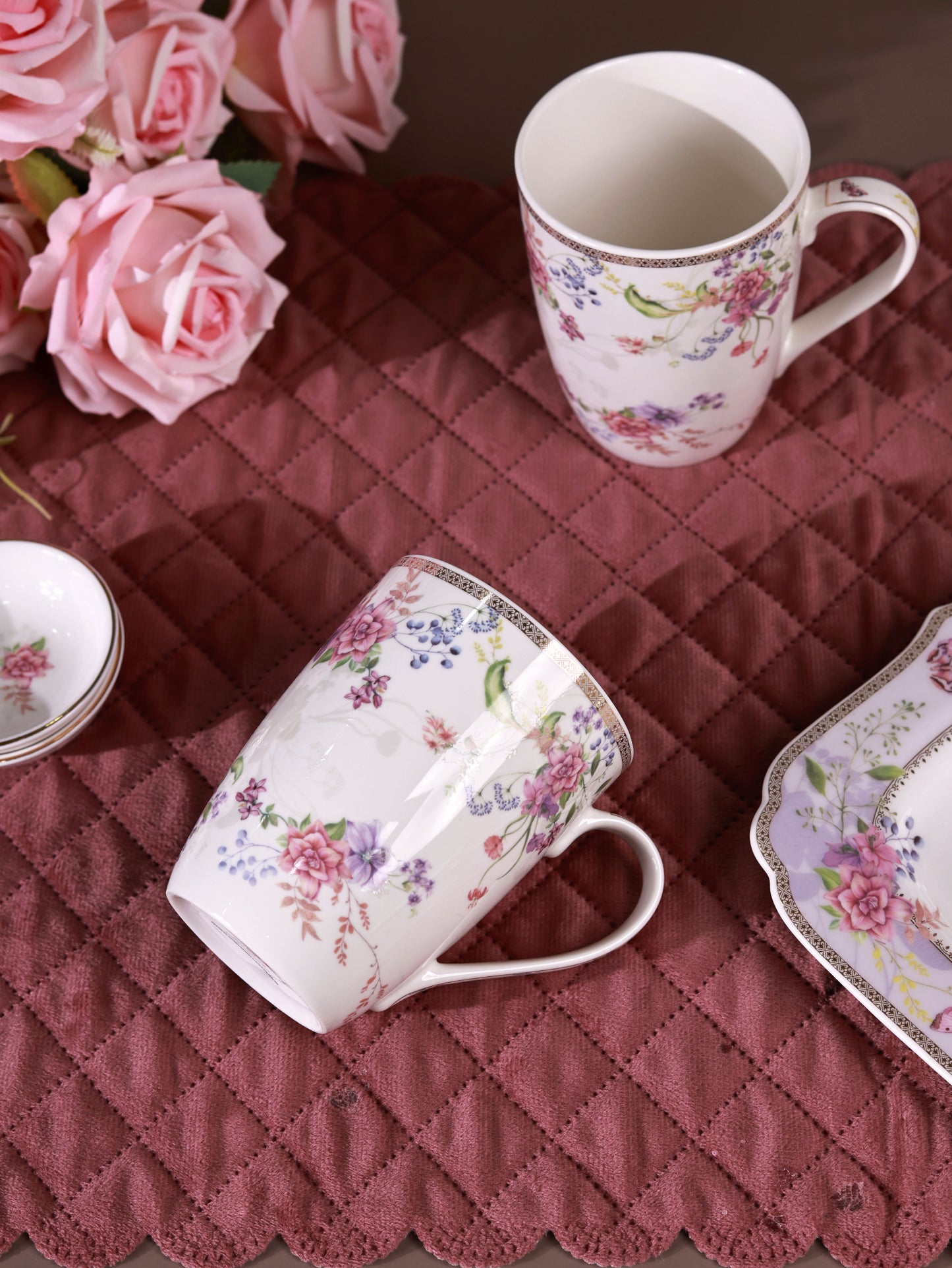 Lilac Garden 8 Pcs Coffee & Platter Set (4 Mugs, 1 Square Platter, 1 Snack Platter, 2 Dip Bowls)