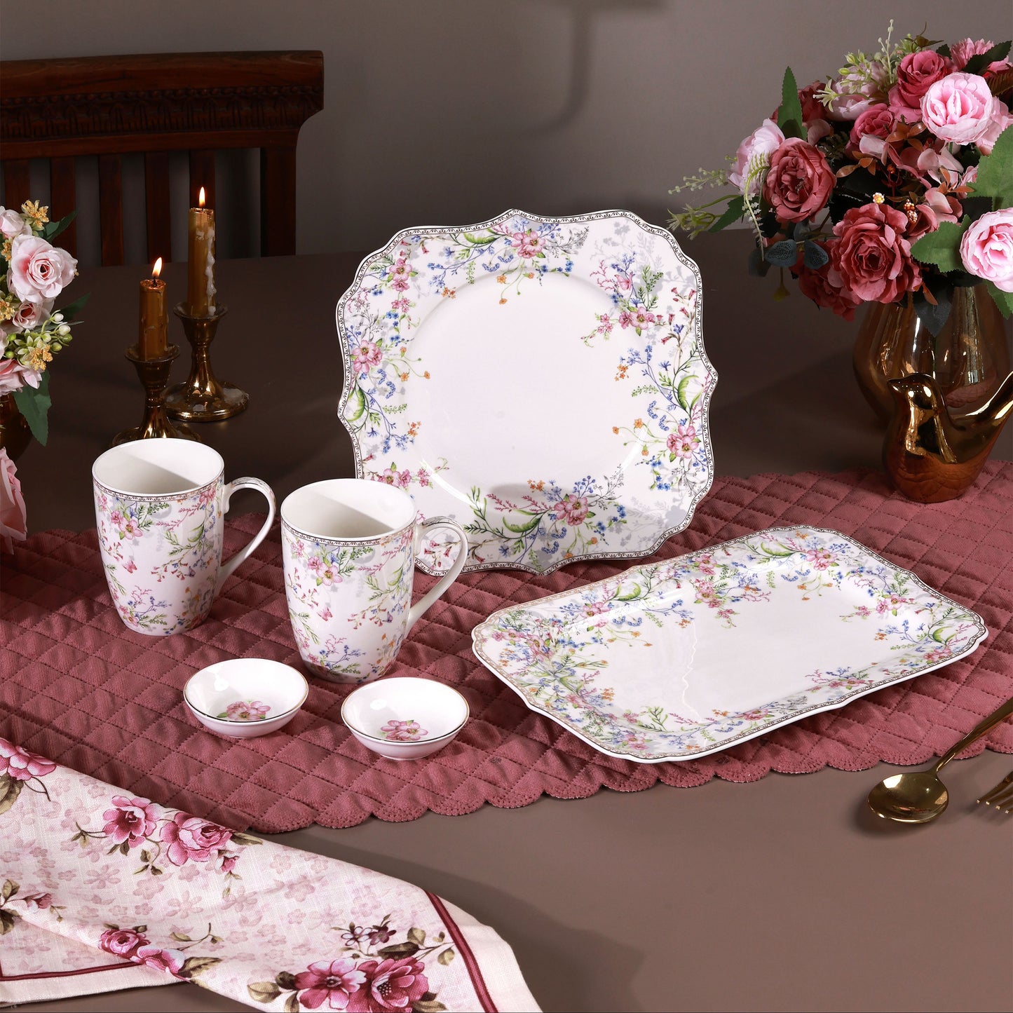 Flower Bed 8 Pcs Coffee & Platter Set (4 Mugs, 1 Square Platter, 1 Snack Platter, 2 Dip Bowls)