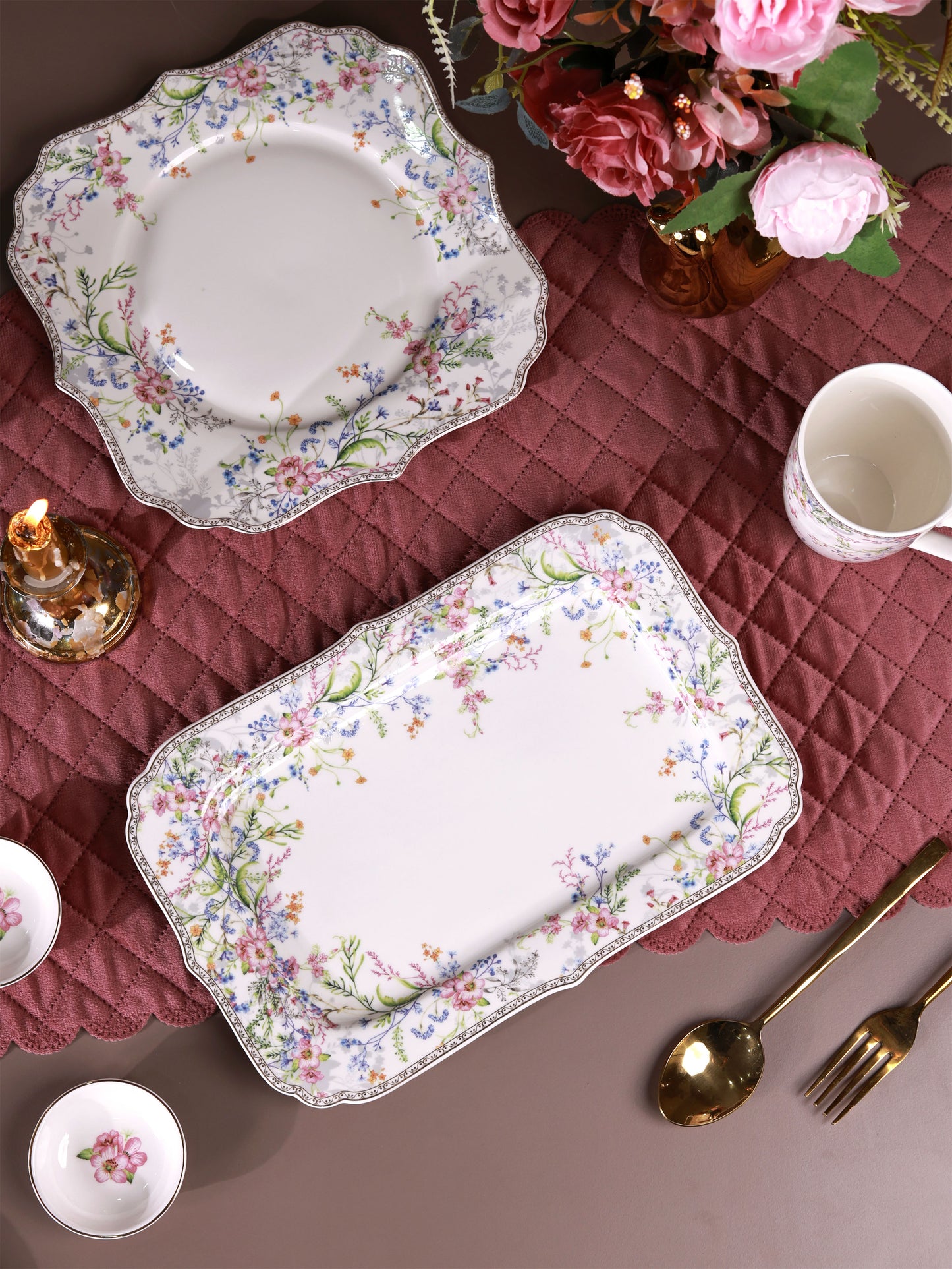 Flower Bed 8 Pcs Coffee & Platter Set (4 Mugs, 1 Square Platter, 1 Snack Platter, 2 Dip Bowls)