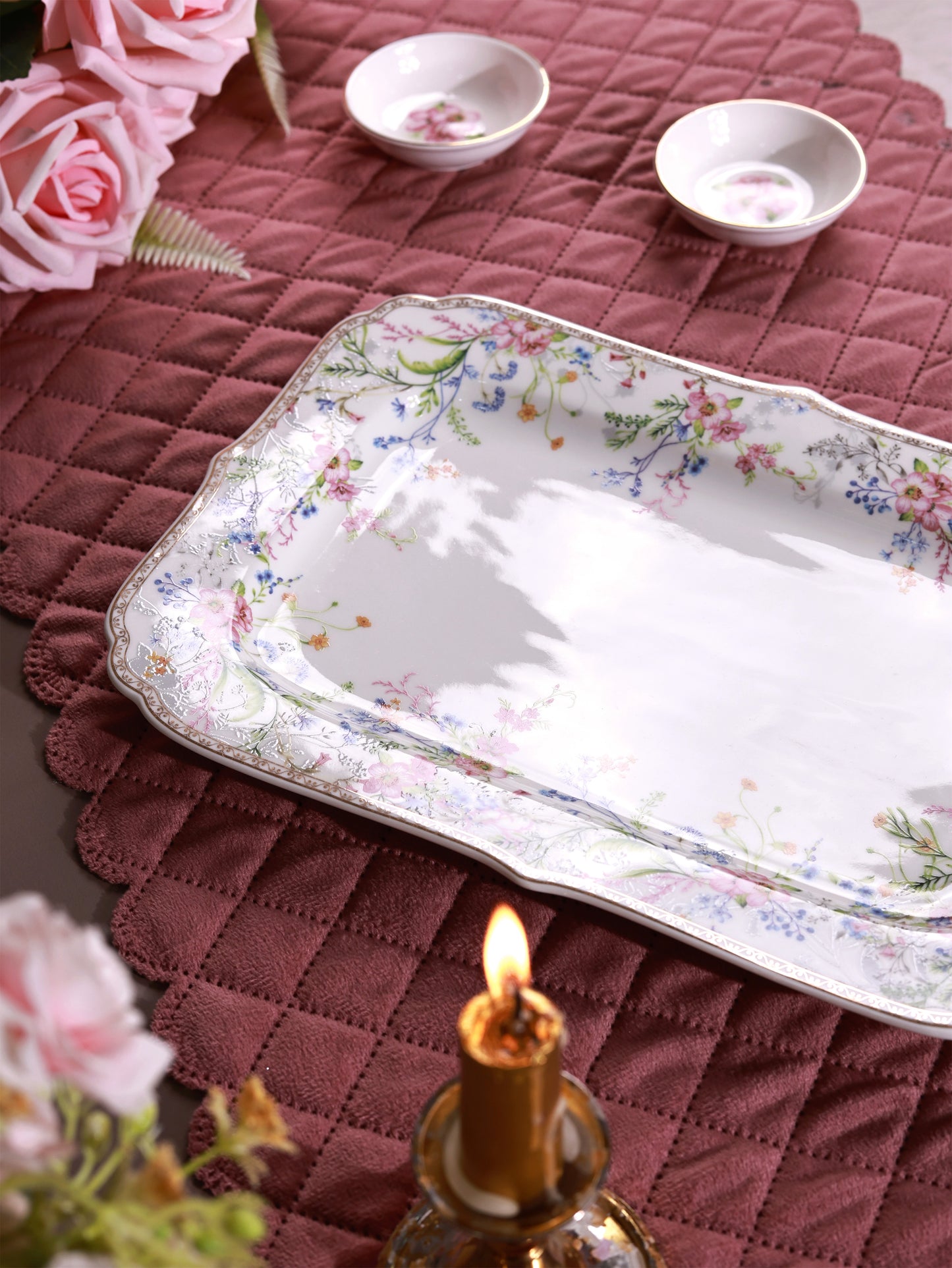 Flower Bed 8 Pcs Coffee & Platter Set (4 Mugs, 1 Square Platter, 1 Snack Platter, 2 Dip Bowls)