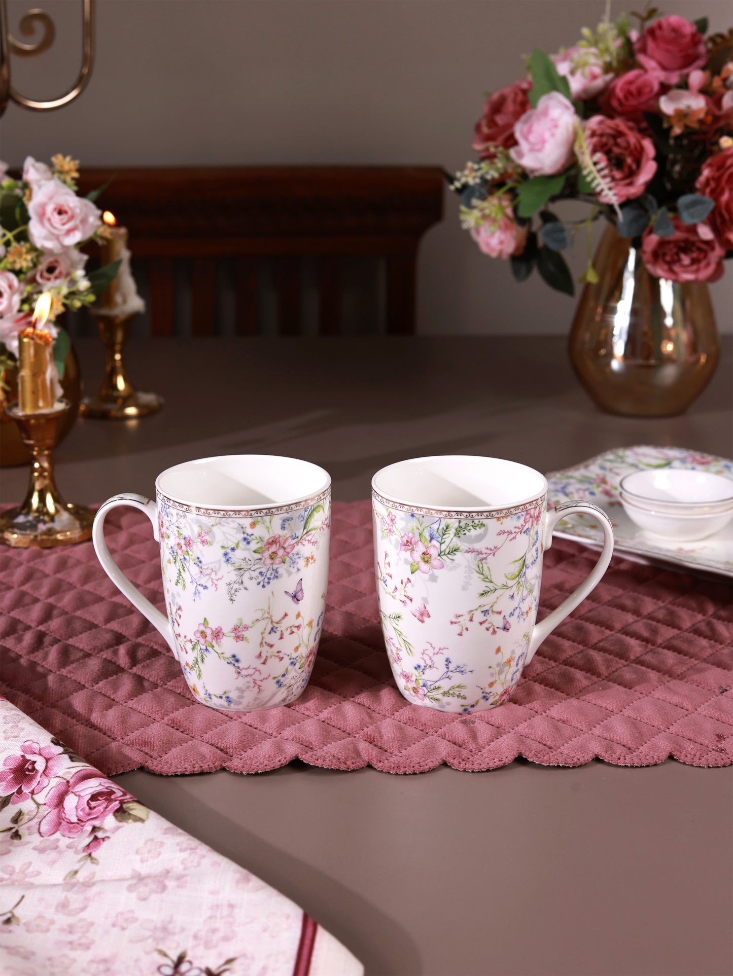 Flower Bed 8 Pcs Coffee & Platter Set (4 Mugs, 1 Square Platter, 1 Snack Platter, 2 Dip Bowls)