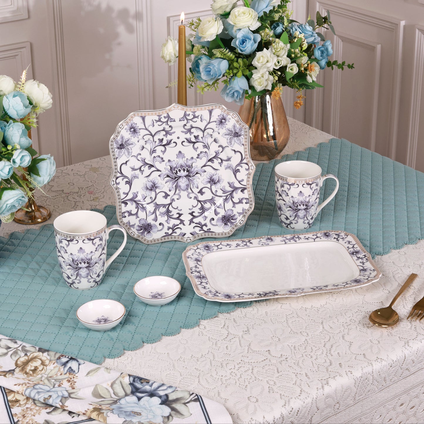 Royal Blue 8 Pcs Coffee & Platter Set (4 Mugs, 1 Square Platter, 1 Snack Platter, 2 Dip Bowls)