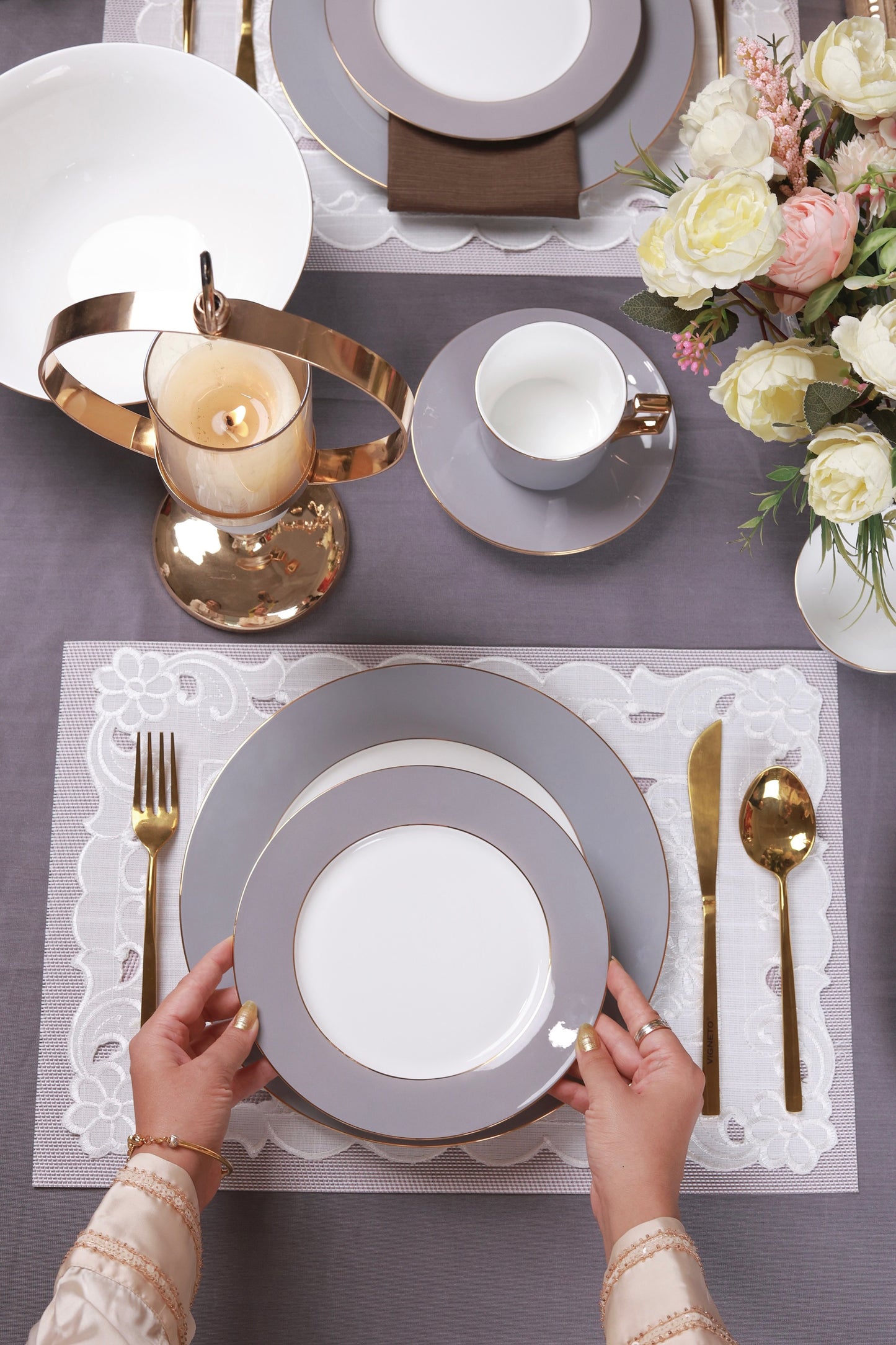 Opulent Grey 21 Pcs Dinner Set (Luxe Edition, 24K Gold, In glaze)