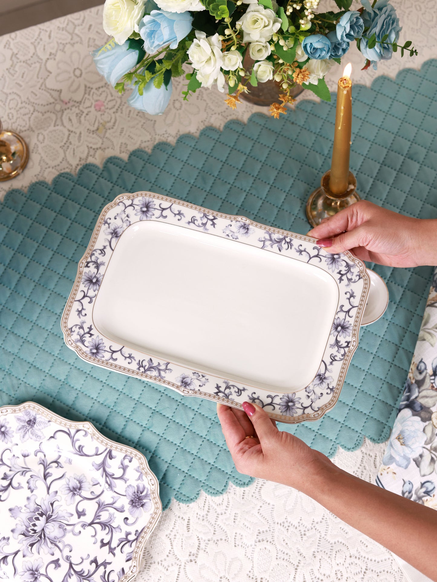 Royal Blue 8 Pcs Coffee & Platter Set (4 Mugs, 1 Square Platter, 1 Snack Platter, 2 Dip Bowls)