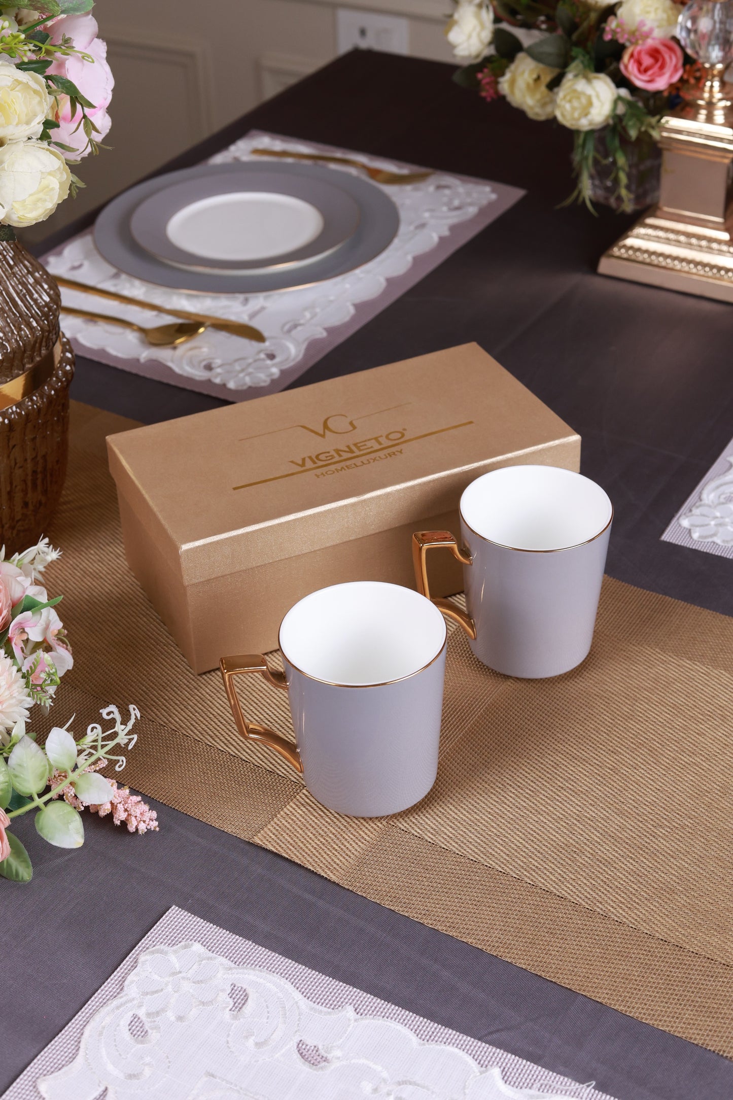 Opulent Grey Set of  Coffee Mugs (Luxe Edition, 24K Gold, In glaze)