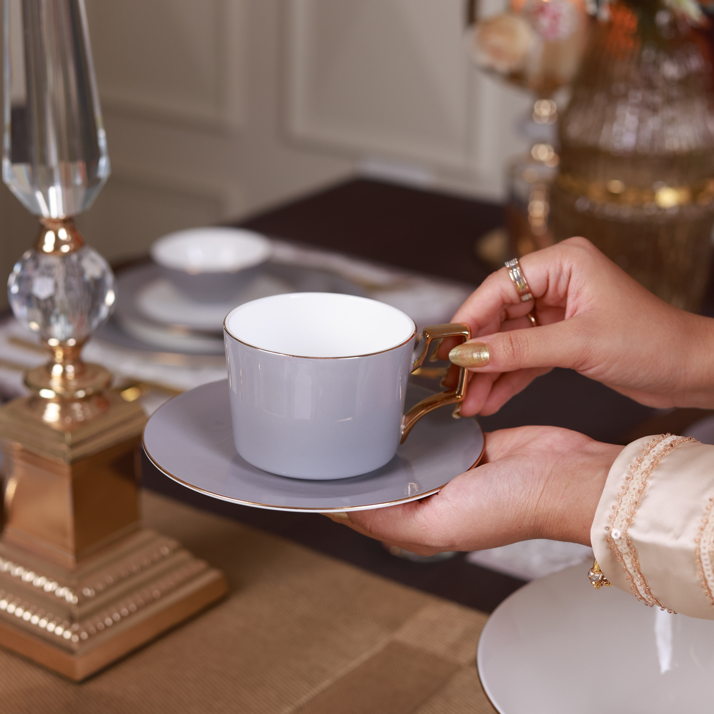 Opulent Grey Cup and Saucer Set (Luxe Edition, 24K Gold, In glaze)