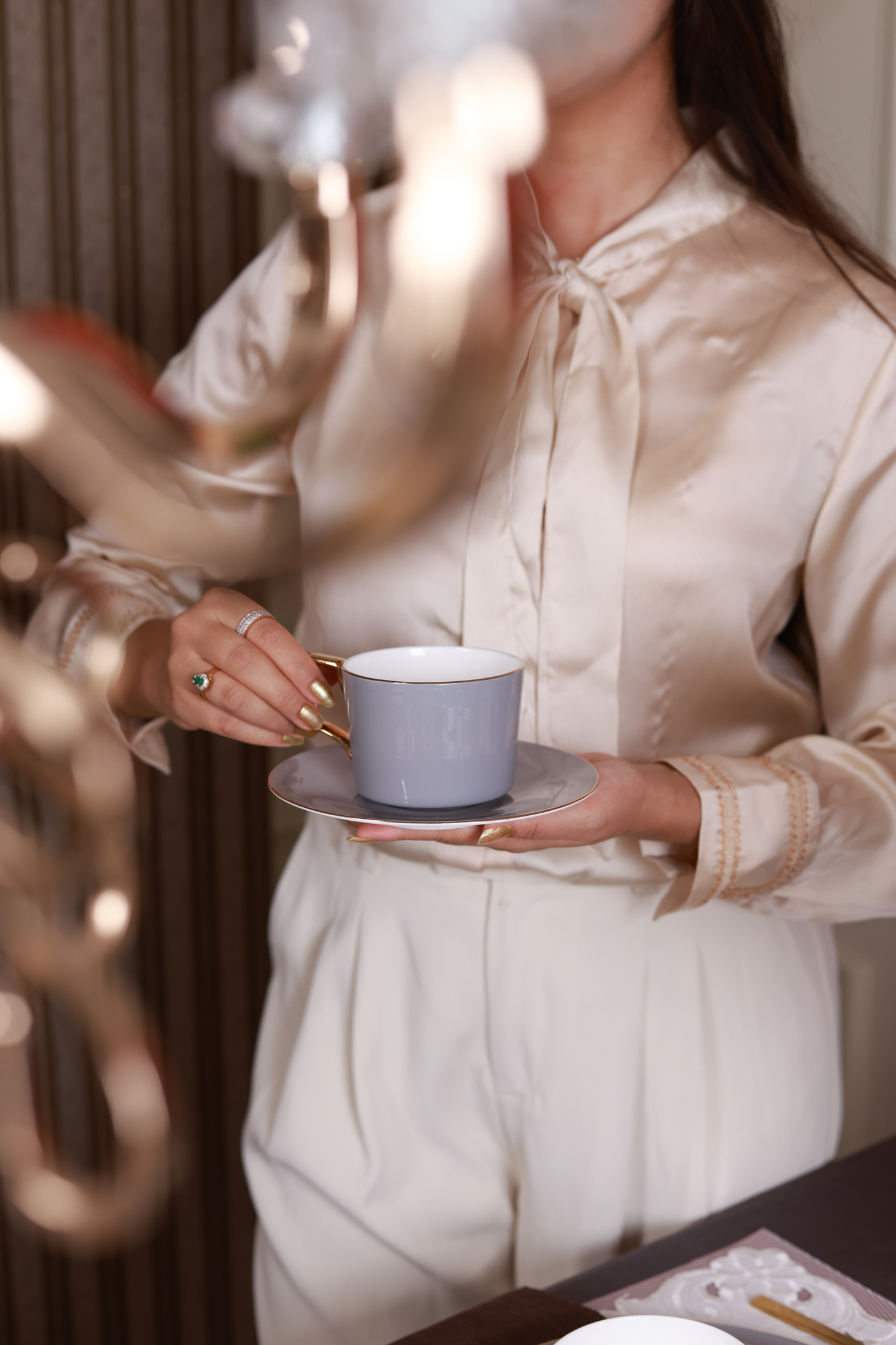 Opulent Grey Cup and Saucer Set (Luxe Edition, 24K Gold, In glaze)