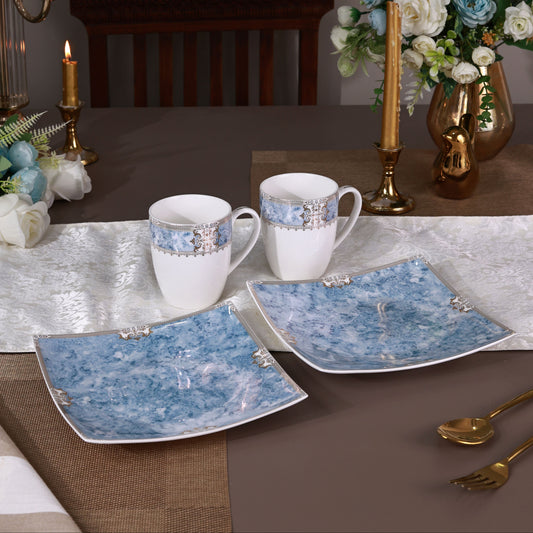 Majestique Blue Coffee Mugs with Snack Plates (4 Mugs and 4 Snack Plates)