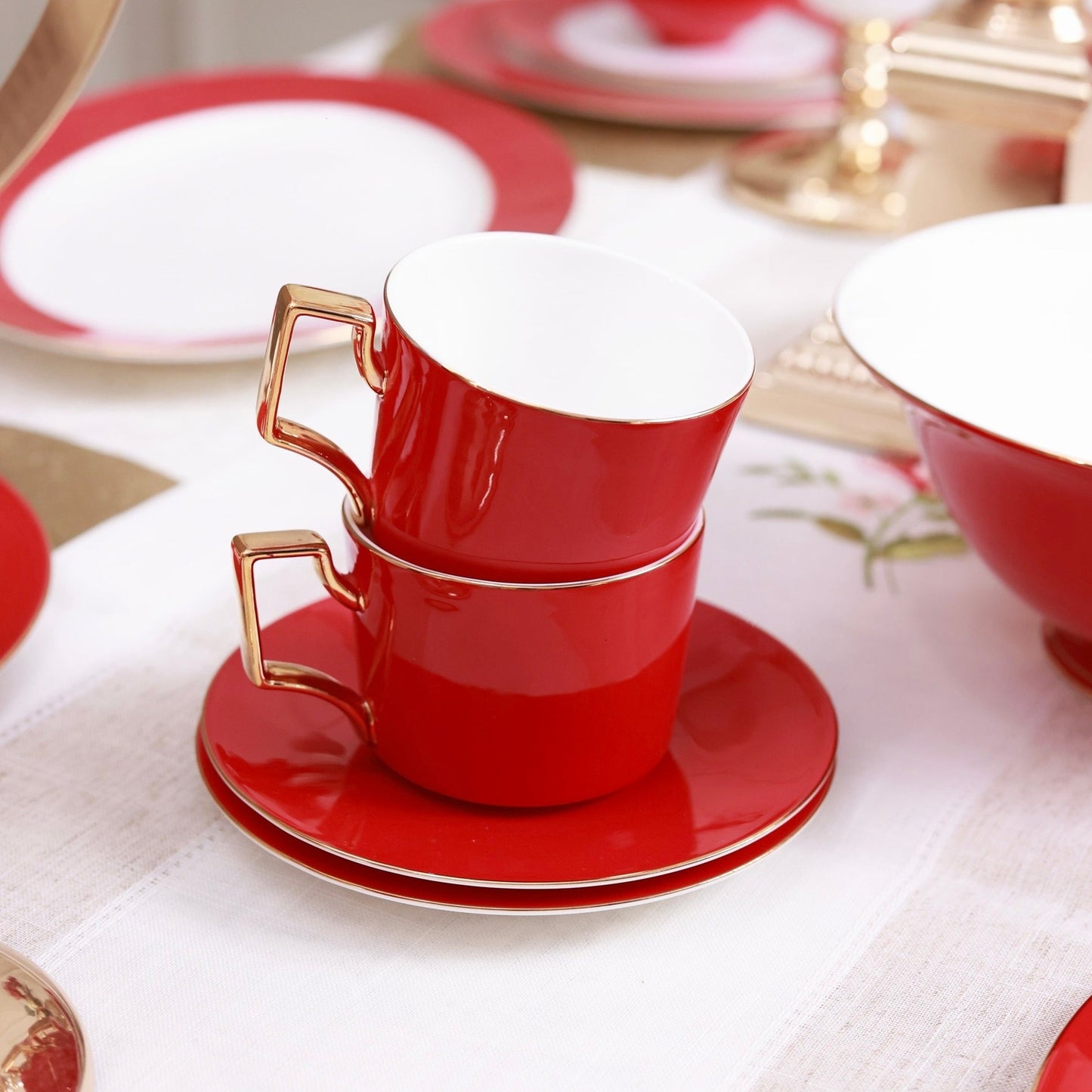 Crimson Royale Cup and Saucer Set (Luxe Edition, 24K Gold, In glaze)