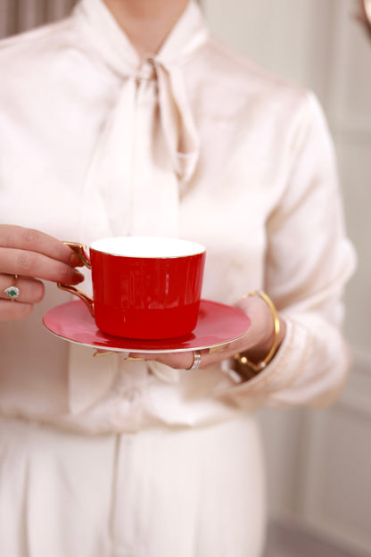 Crimson Royale Cup and Saucer Set (Luxe Edition, 24K Gold, In glaze)