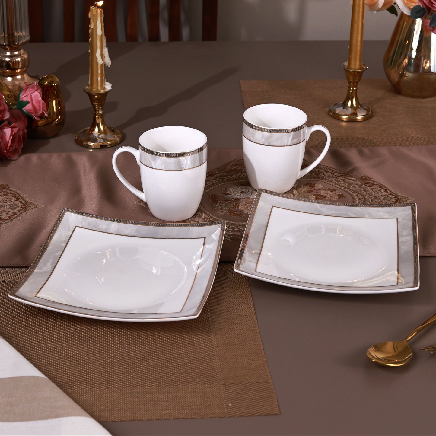 Oyster Pearl Coffee Mugs with Snack Plates (4 Mugs and 4 Snack Plates)