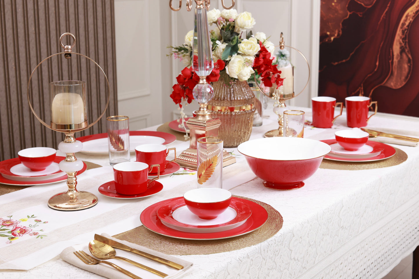 Crimson Royale 21 Pcs Dinner Set (Luxe Edition, 24K Gold, In glaze)