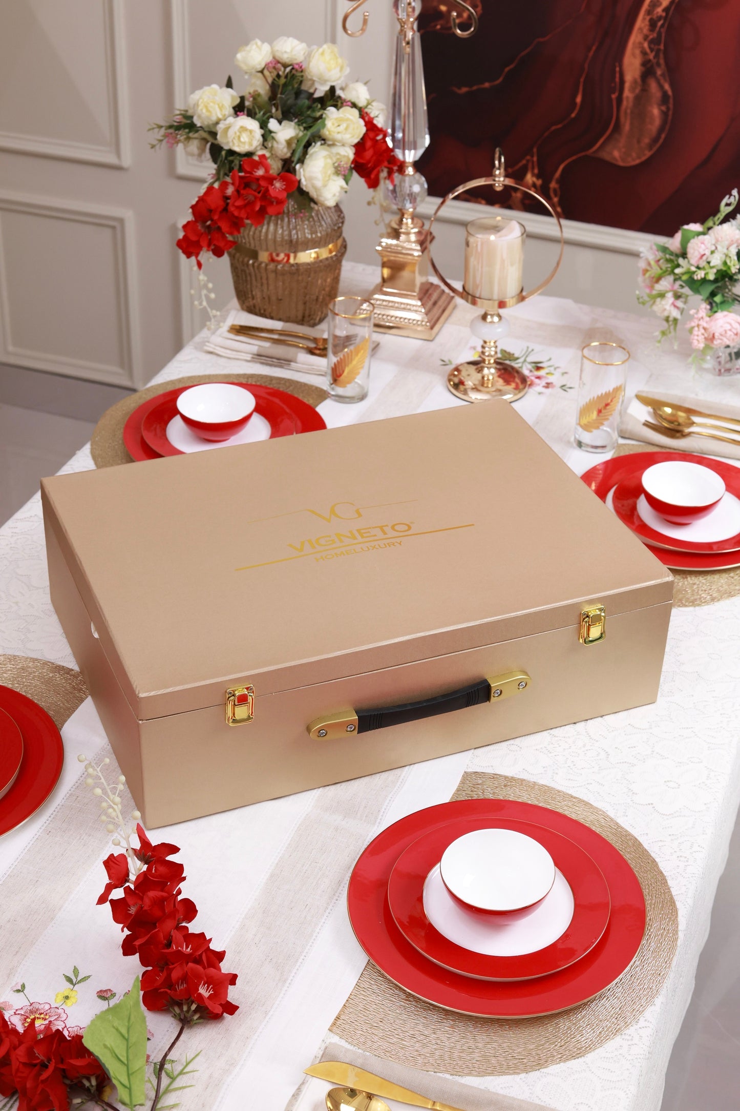 Crimson Royale 21 Pcs Dinner Set (Luxe Edition, 24K Gold, In glaze)