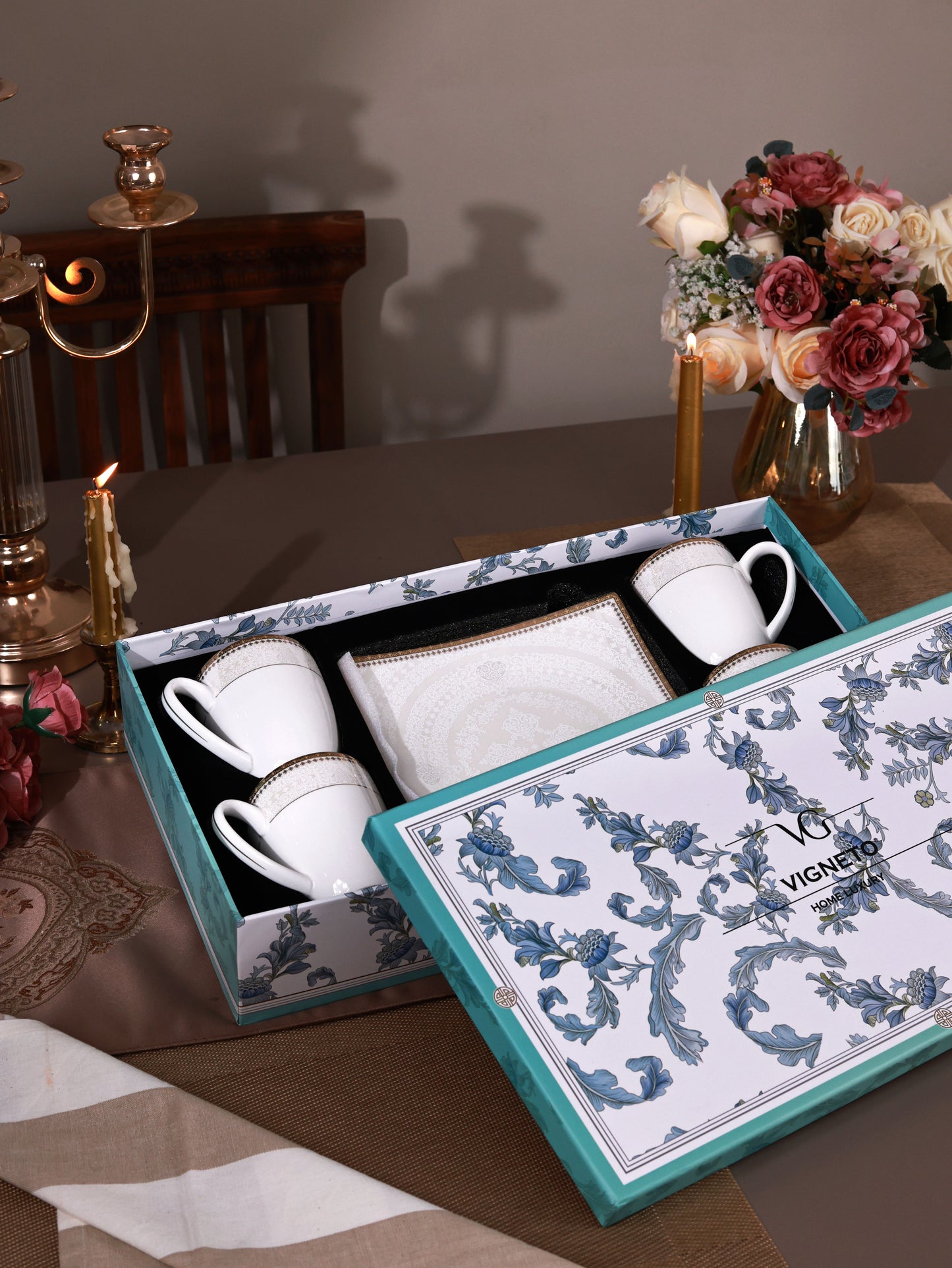 Persian Ivory Coffee Mugs with Snack Plates (4 Mugs and 4 Snack Plates)