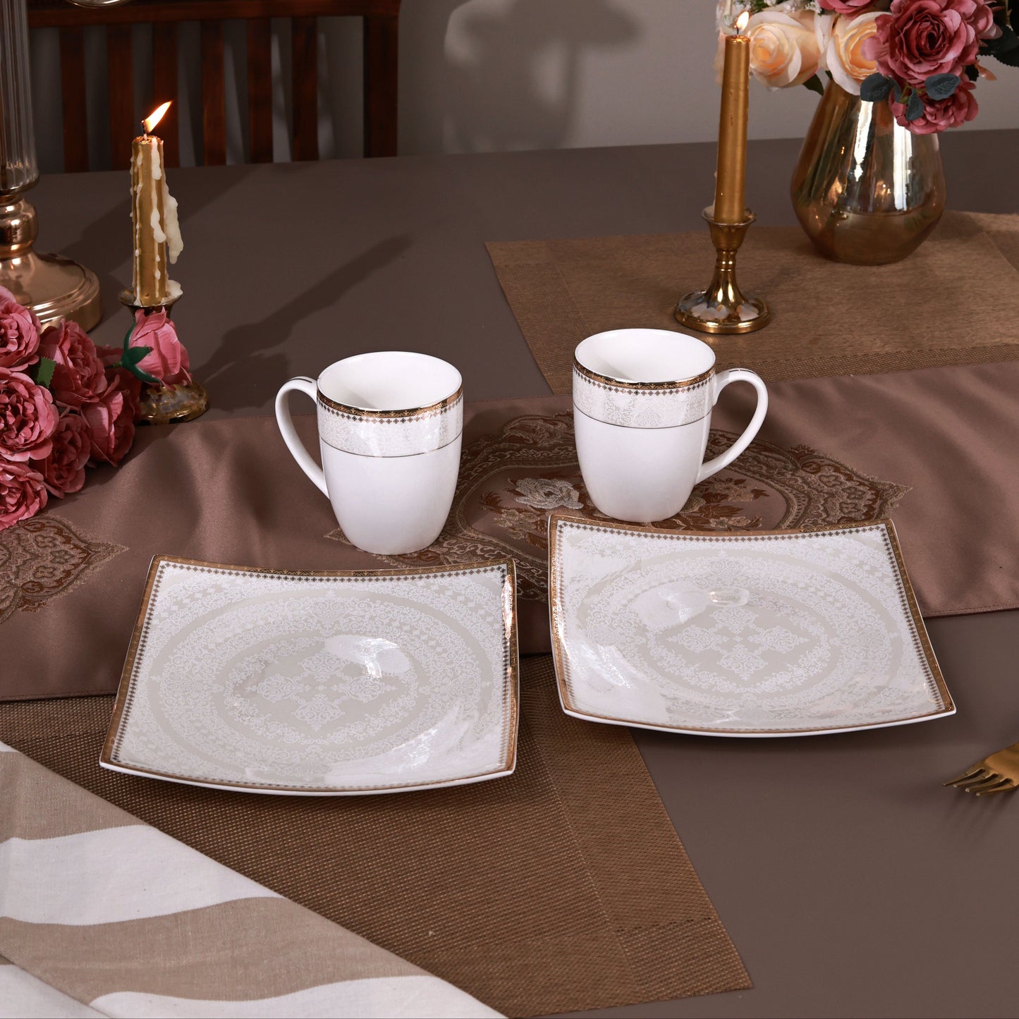 Persian Ivory Coffee Mugs with Snack Plates (4 Mugs and 4 Snack Plates)