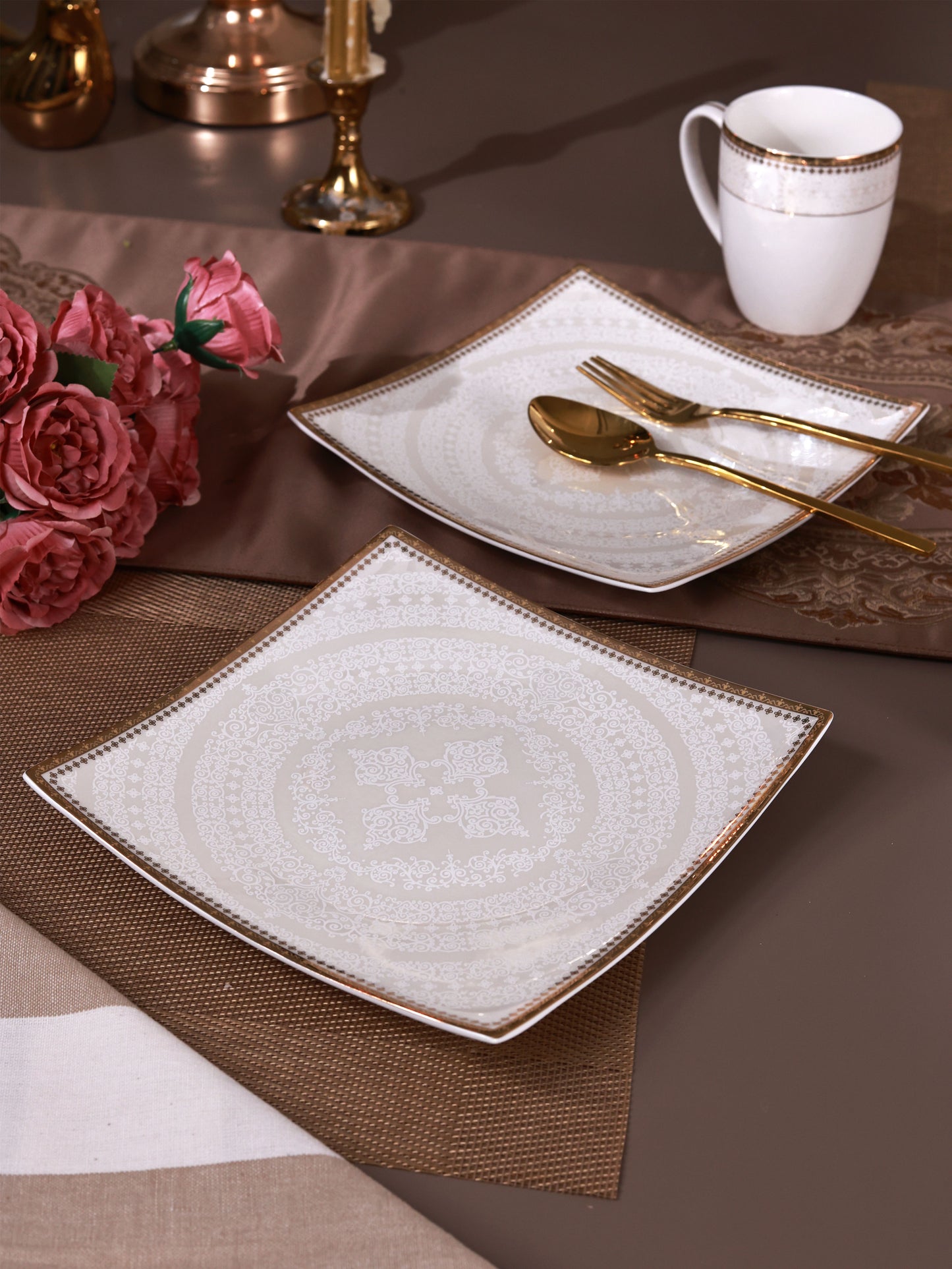Persian Ivory Coffee Mugs with Snack Plates (4 Mugs and 4 Snack Plates)
