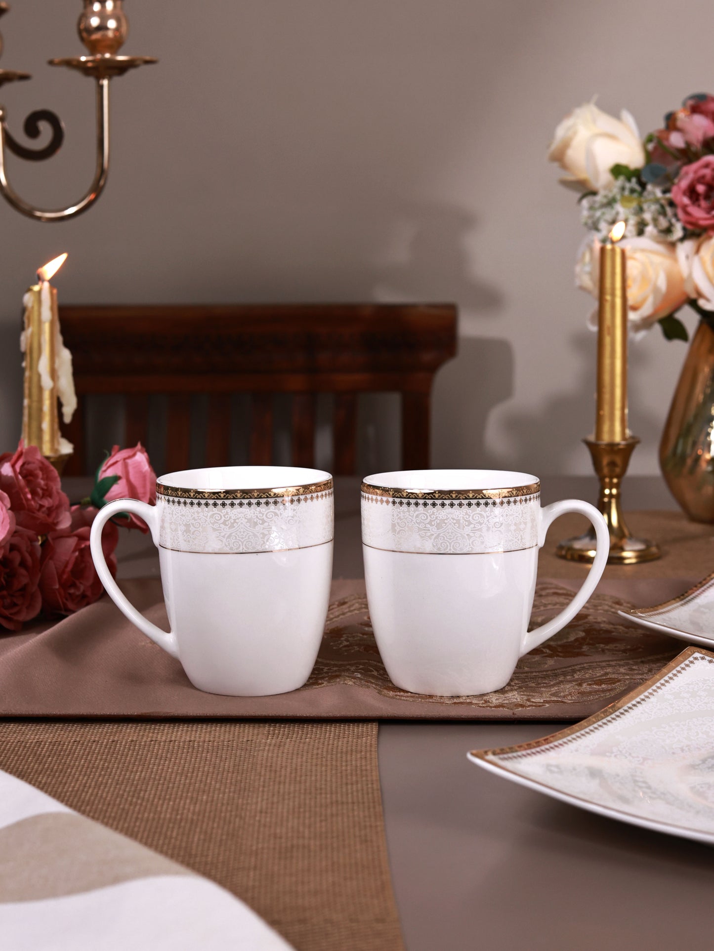 Persian Ivory Coffee Mugs with Snack Plates (4 Mugs and 4 Snack Plates)