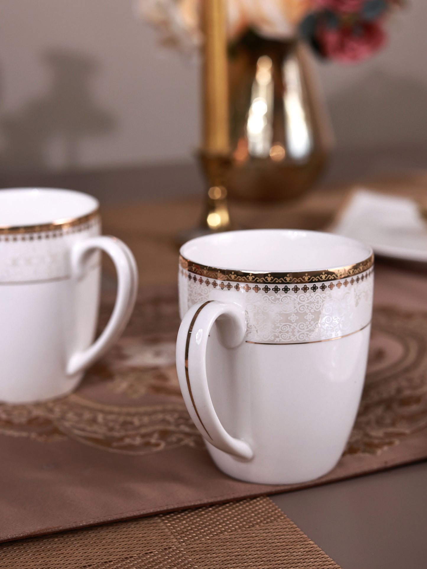 Persian Ivory Coffee Mugs with Snack Plates (4 Mugs and 4 Snack Plates)