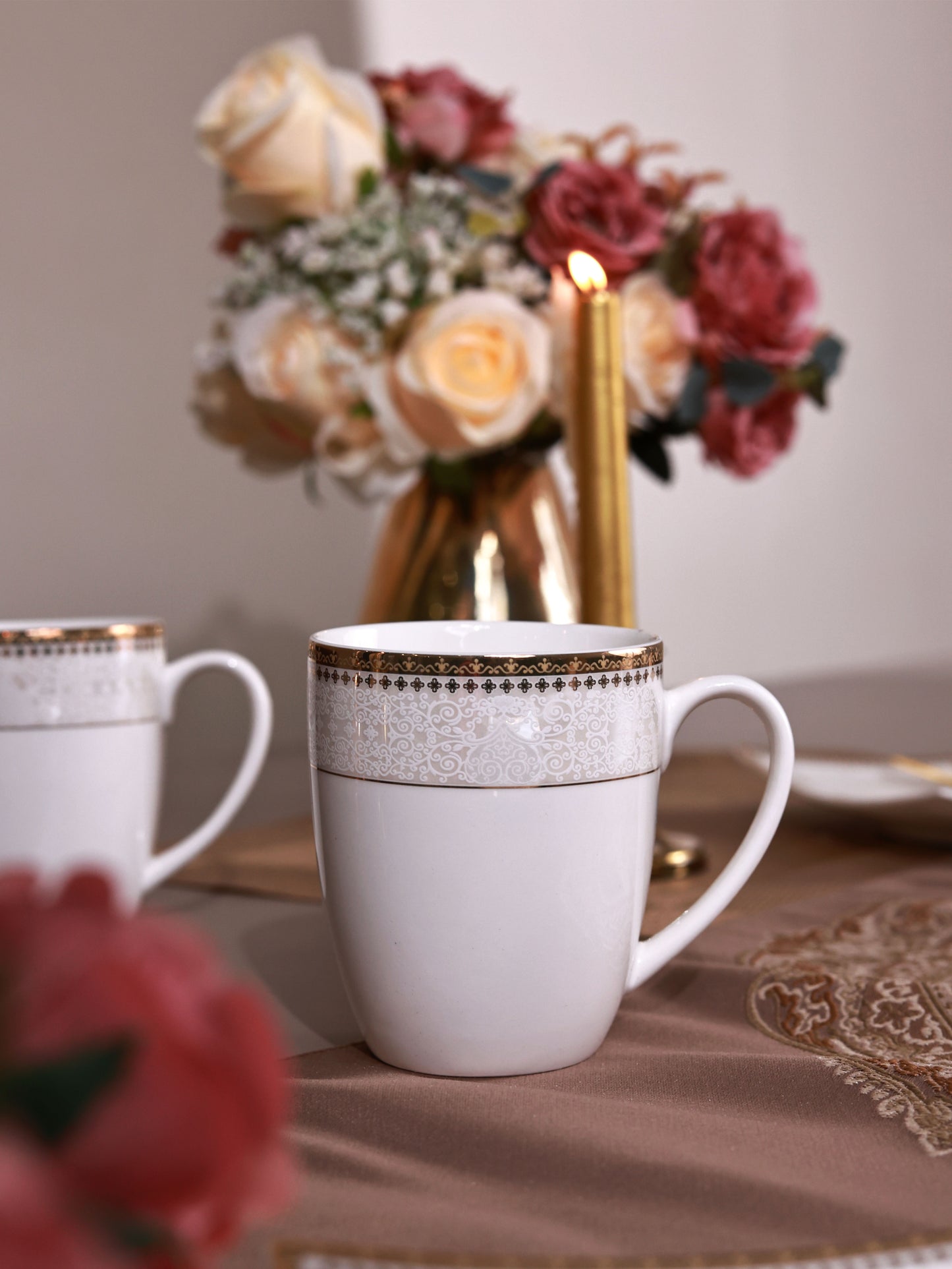 Persian Ivory Coffee Mugs with Snack Plates (4 Mugs and 4 Snack Plates)