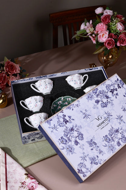 Victorian Green Cup and Saucer Set (Vintage Collection, 6 Cups and 6 Saucers) - Vigneto