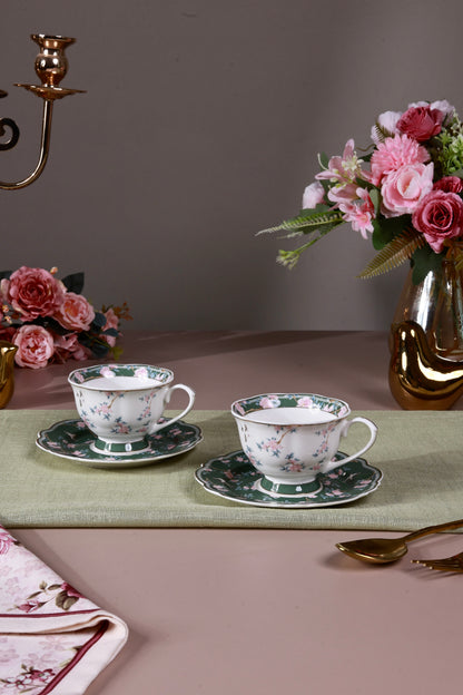 Victorian Green Cup and Saucer Set (Vintage Collection, 6 Cups and 6 Saucers) - Vigneto