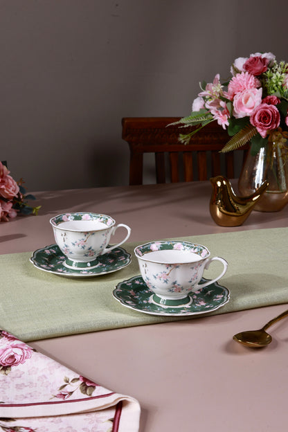 Victorian Green Cup and Saucer Set (Vintage Collection, 6 Cups and 6 Saucers) - Vigneto