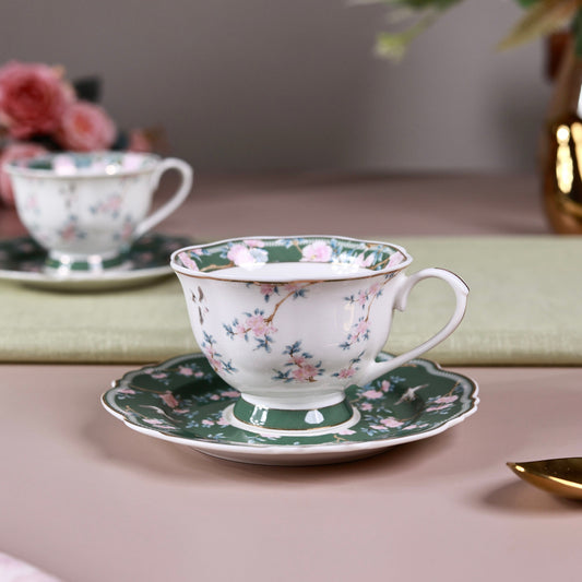 Victorian Green Cup and Saucer Set (Vintage Collection, 6 Cups and 6 Saucers)