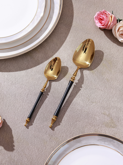 Grecian Black Dessert Spoon (Shine Gold Finish, Set of 6)