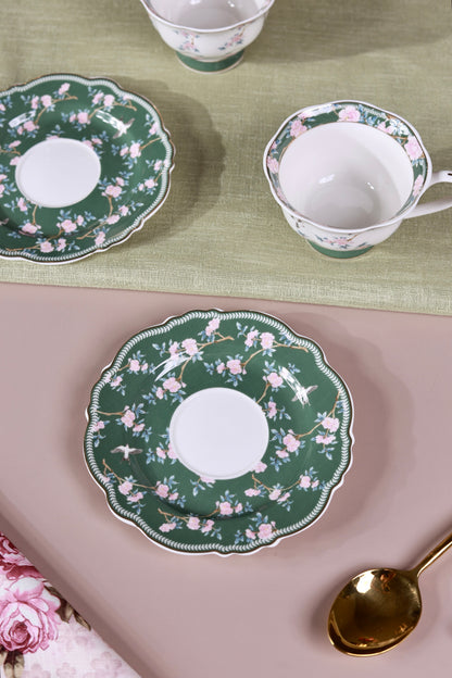 Victorian Green Cup and Saucer Set (Vintage Collection, 6 Cups and 6 Saucers) - Vigneto