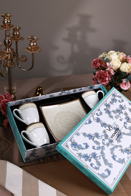 Creme Gold Coffee Mugs with Snack Plates (4 Mugs and 4 Snack Plates)