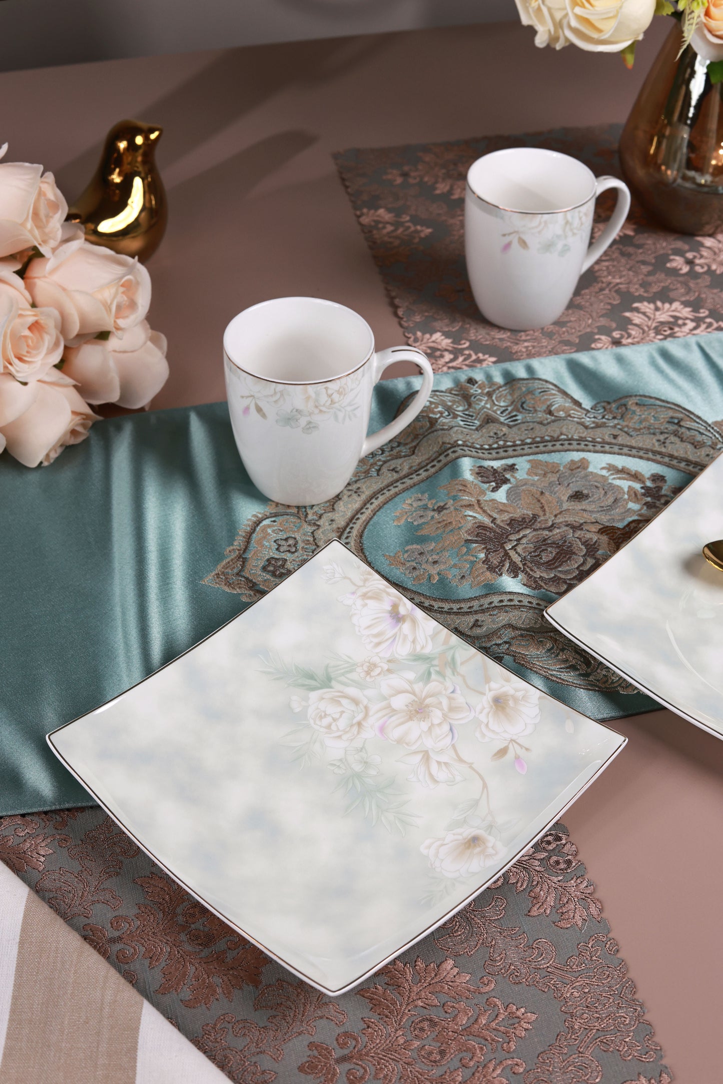 Sage Blume Coffee Mugs with Snack Plates (4 Mugs and 4 Snack Plates)