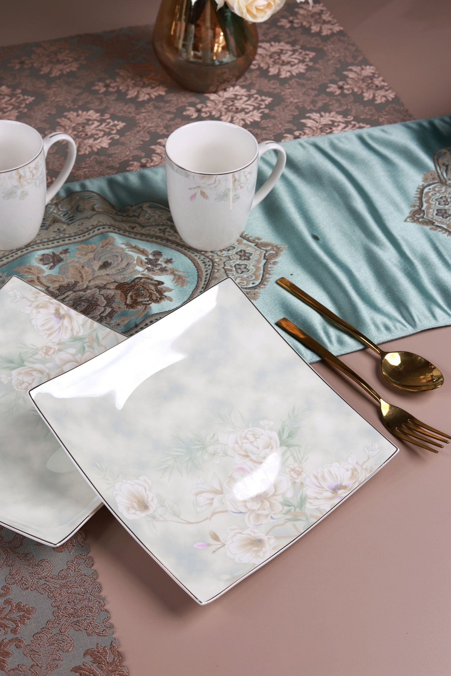 Sage Blume Coffee Mugs with Snack Plates (4 Mugs and 4 Snack Plates)