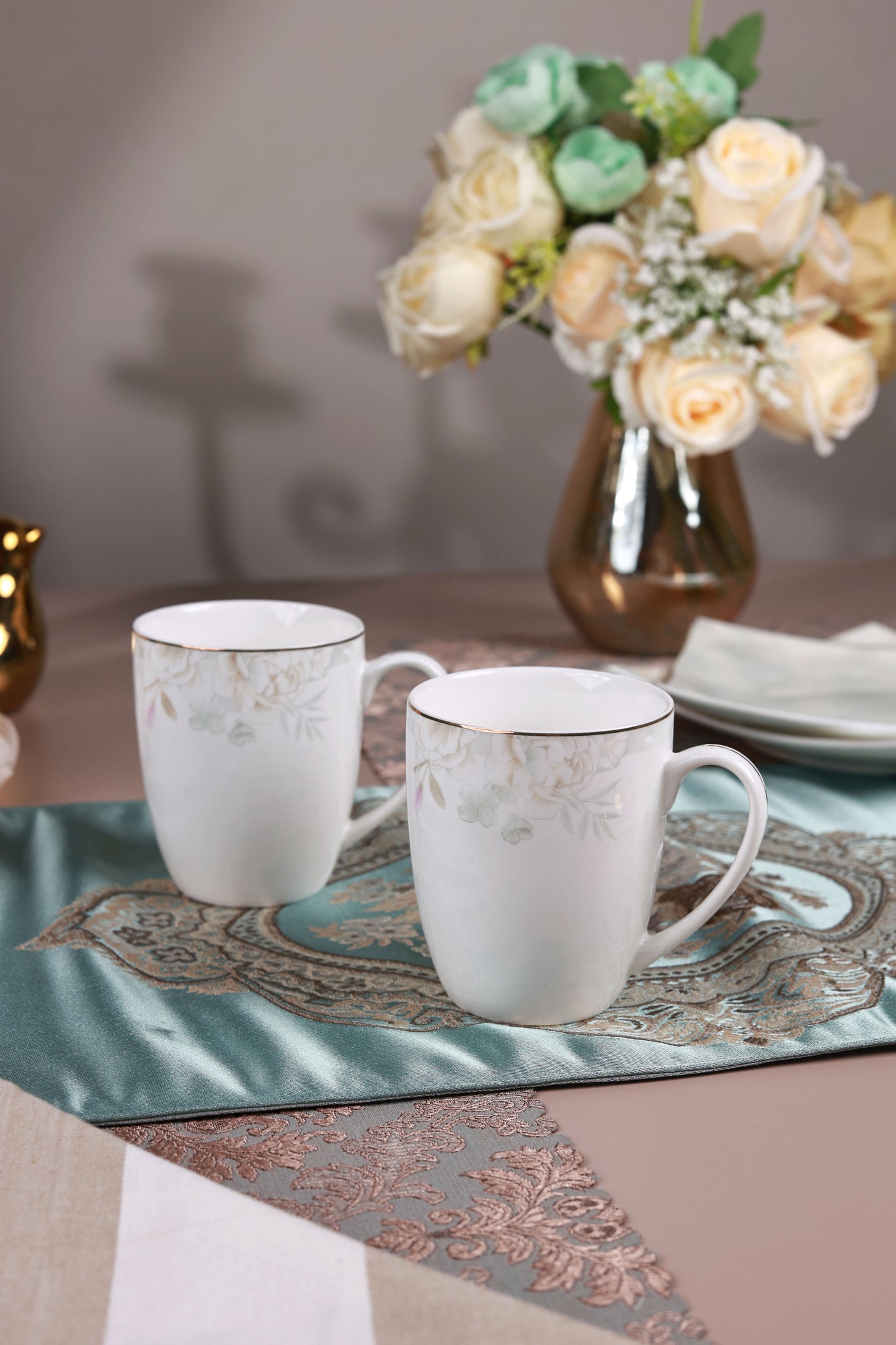 Sage Blume Coffee Mugs with Snack Plates (4 Mugs and 4 Snack Plates)