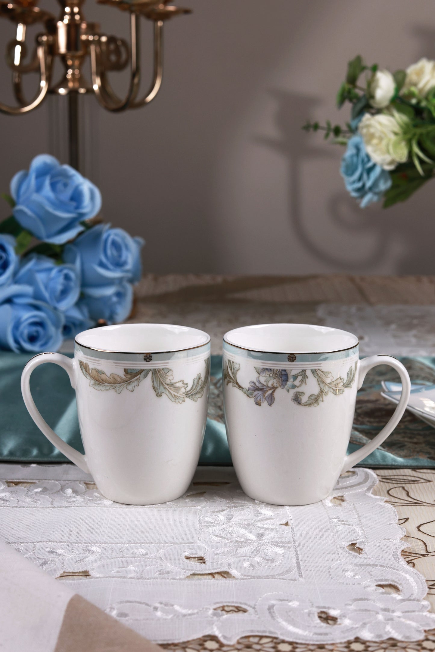 Oriental Blume Coffee Mugs with Snack Plates (4 Mugs and 4 Snack Plates)