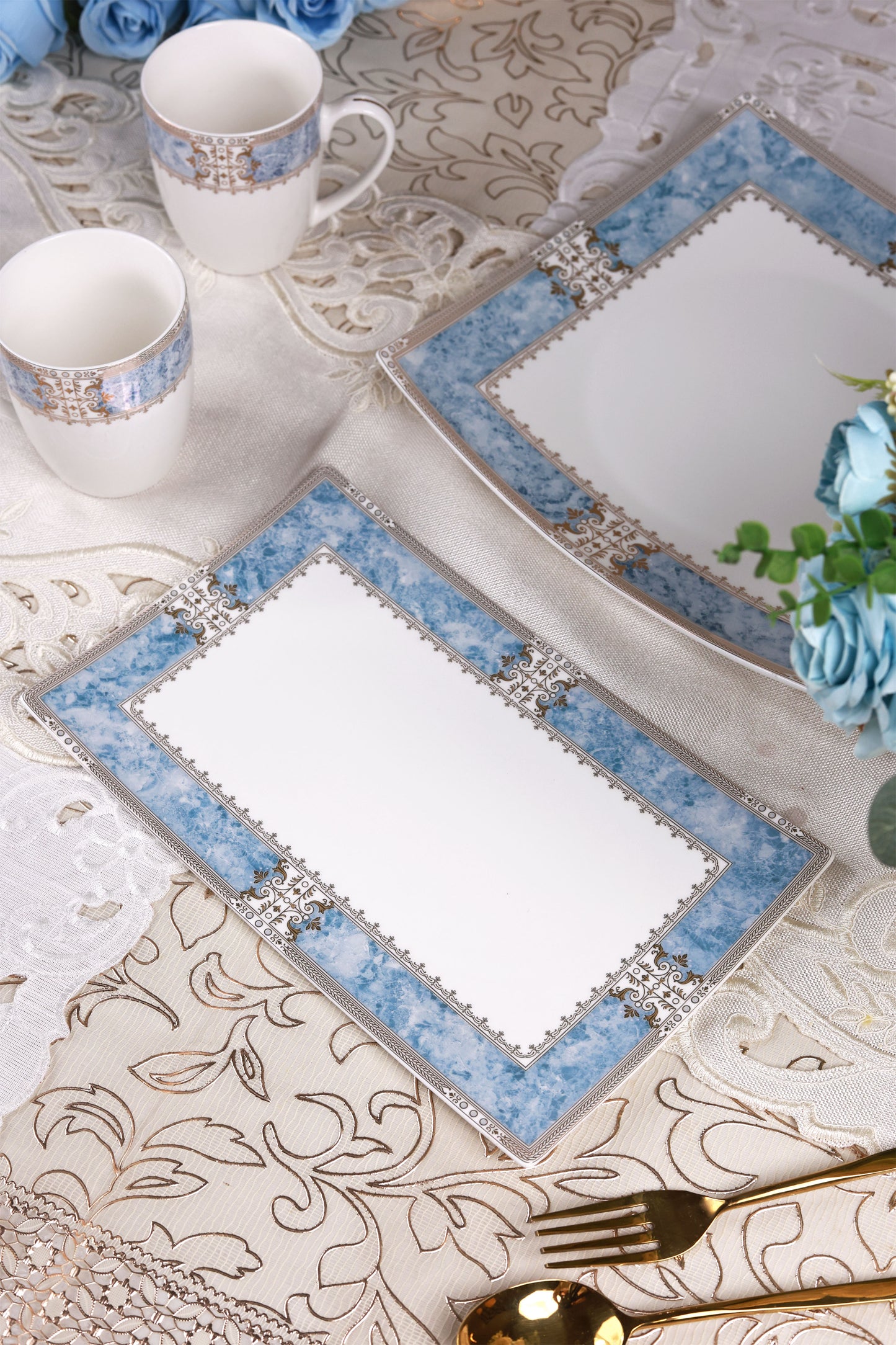 Majestique Blue 6 Pcs Coffee & Platter Set (4 Mugs, 1 Square Platter, 1 Snack Platter)