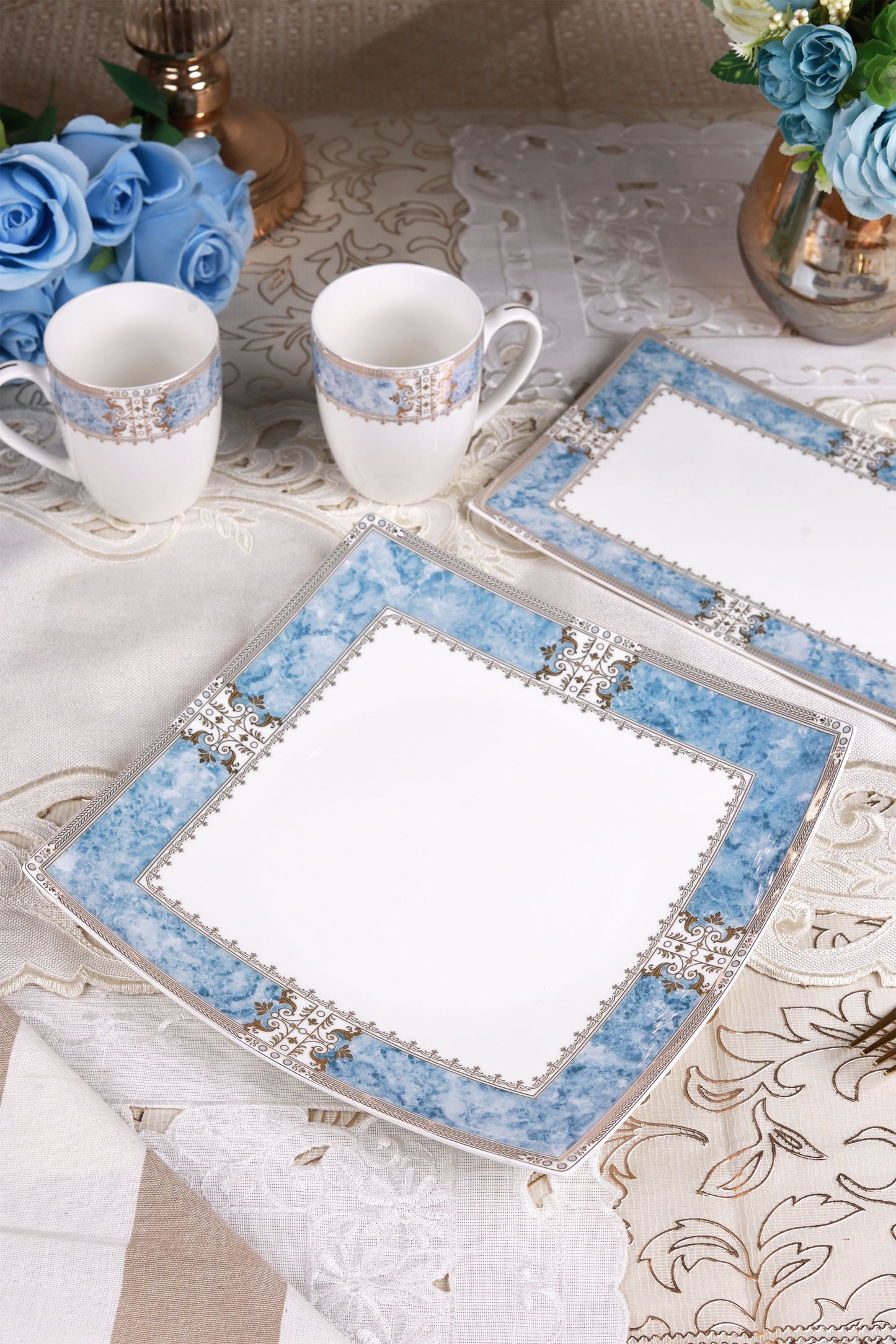 Majestique Blue 6 Pcs Coffee & Platter Set (4 Mugs, 1 Square Platter, 1 Snack Platter)