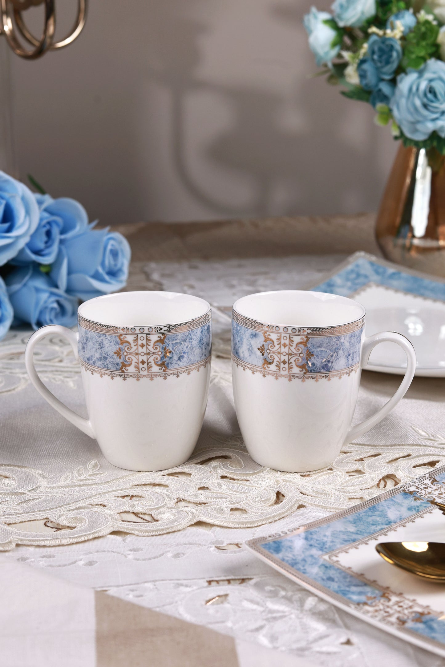 Majestique Blue 6 Pcs Coffee & Platter Set (4 Mugs, 1 Square Platter, 1 Snack Platter)