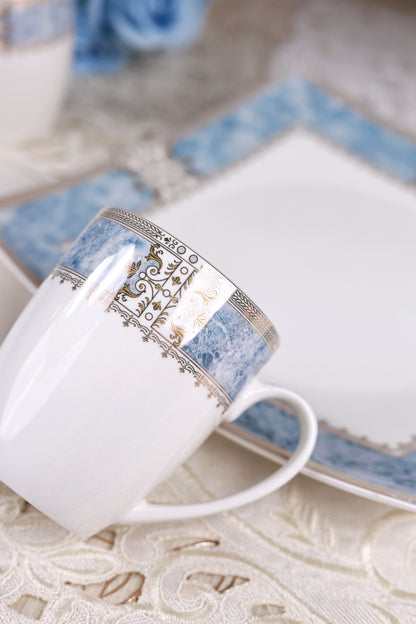 Majestique Blue 6 Pcs Coffee & Platter Set (4 Mugs, 1 Square Platter, 1 Snack Platter)