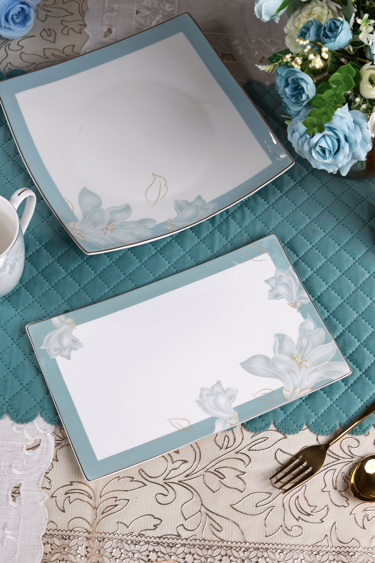 La Pacifique 6 Pcs Coffee & Platter Set (4 Mugs, 1 Square Platter, 1 Snack Platter)
