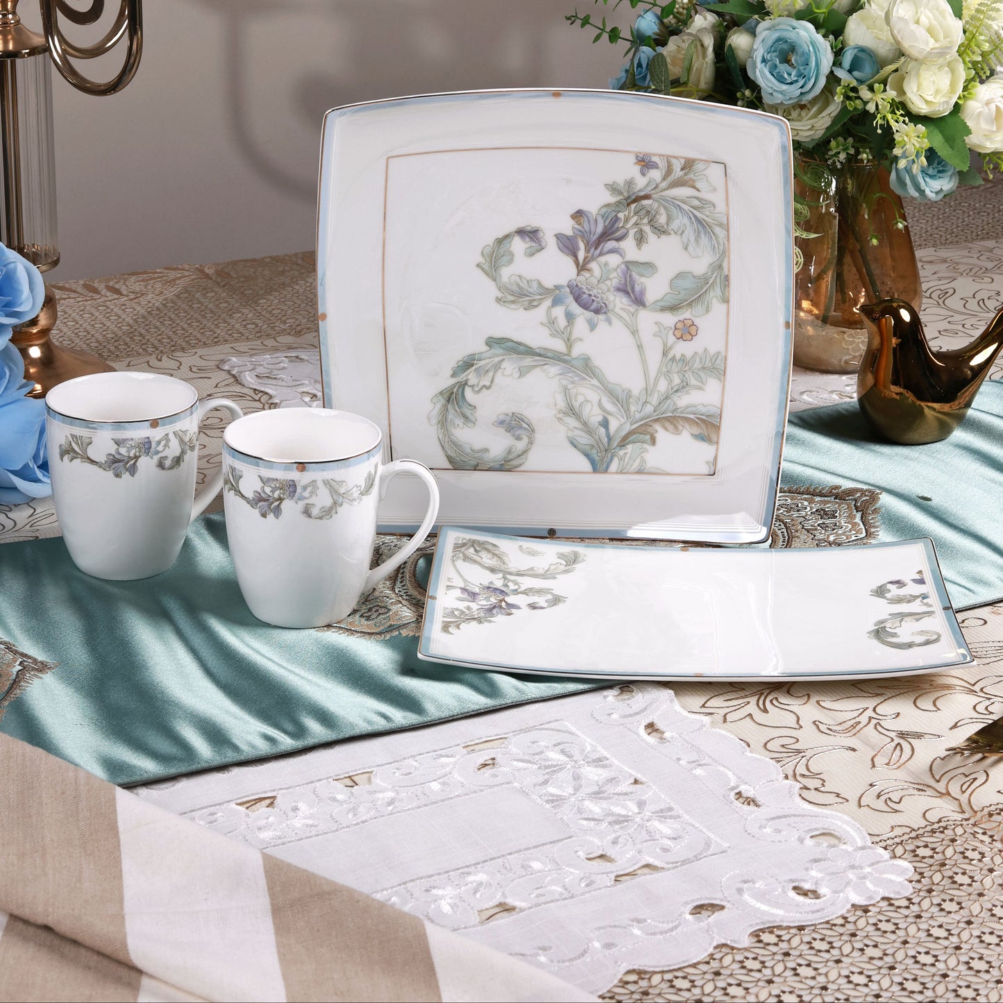 Oriental Blume 6 Pcs Coffee & Platter Set (4 Mugs, 1 Square Platter, 1 Snack Platter)