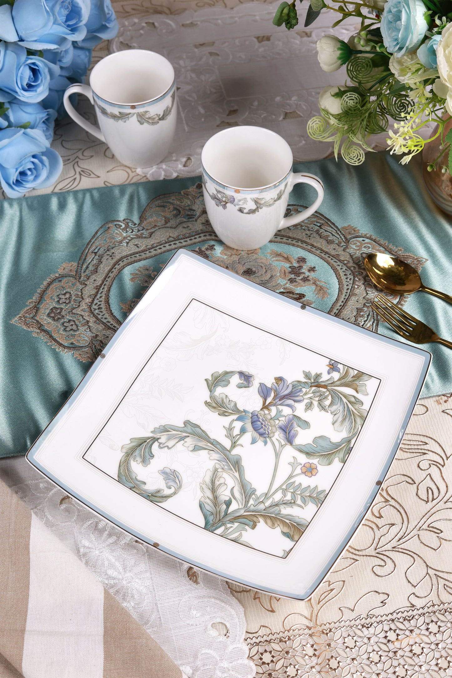 Oriental Blume 6 Pcs Coffee & Platter Set (4 Mugs, 1 Square Platter, 1 Snack Platter)
