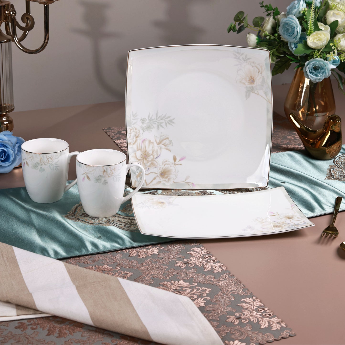 Sage Blume 6 Pcs Coffee & Platter Set (4 Mugs, 1 Square Platter, 1 Snack Platter)