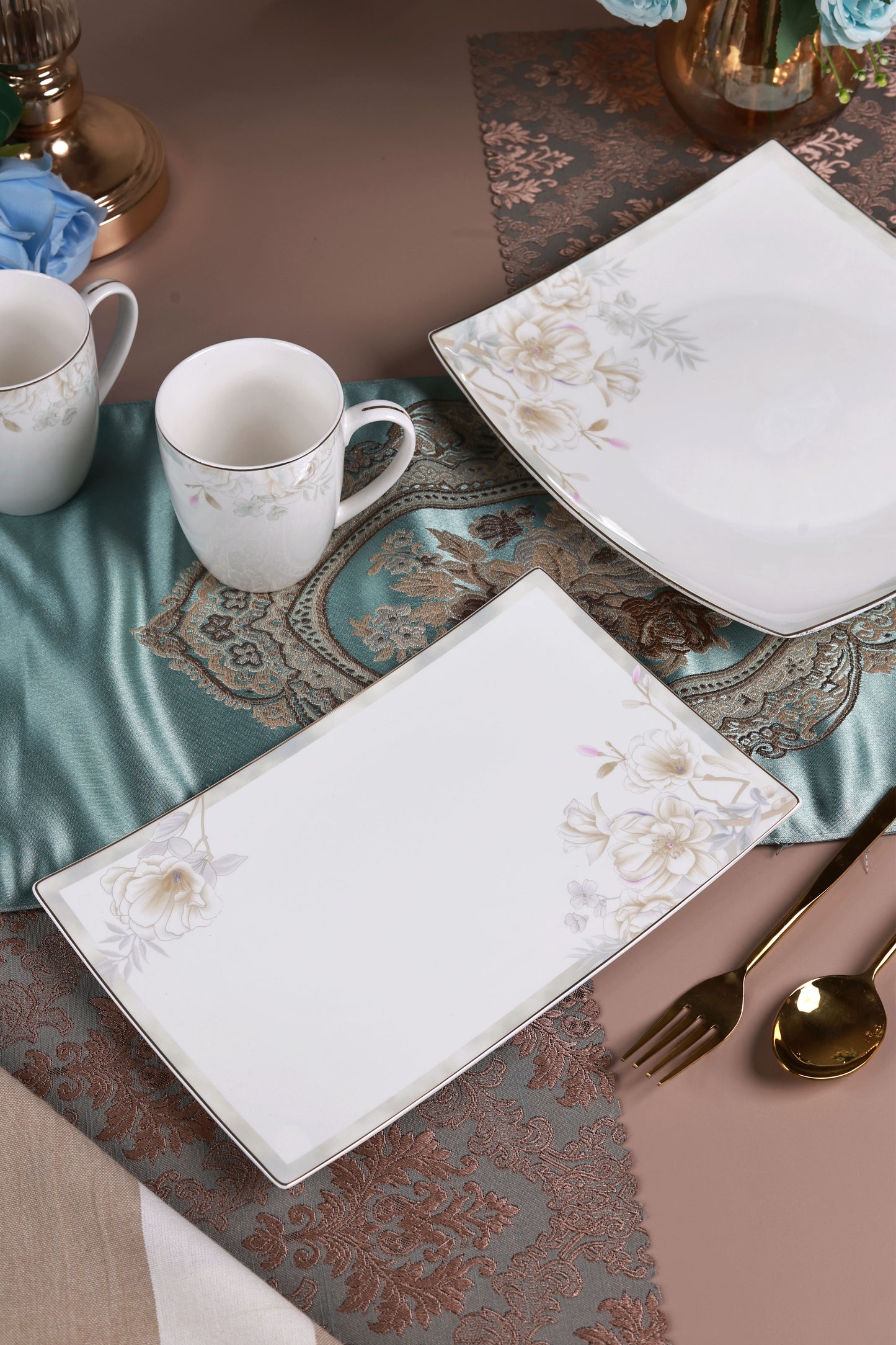 Sage Blume 6 Pcs Coffee & Platter Set (4 Mugs, 1 Square Platter, 1 Snack Platter)